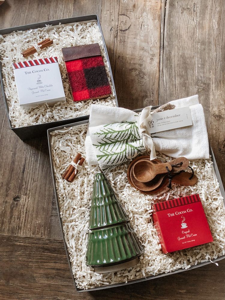 Rustic Holiday Gift Box with Hot Cocoa, Evergreen Tree Jar & Cozy Kitchen Essentials