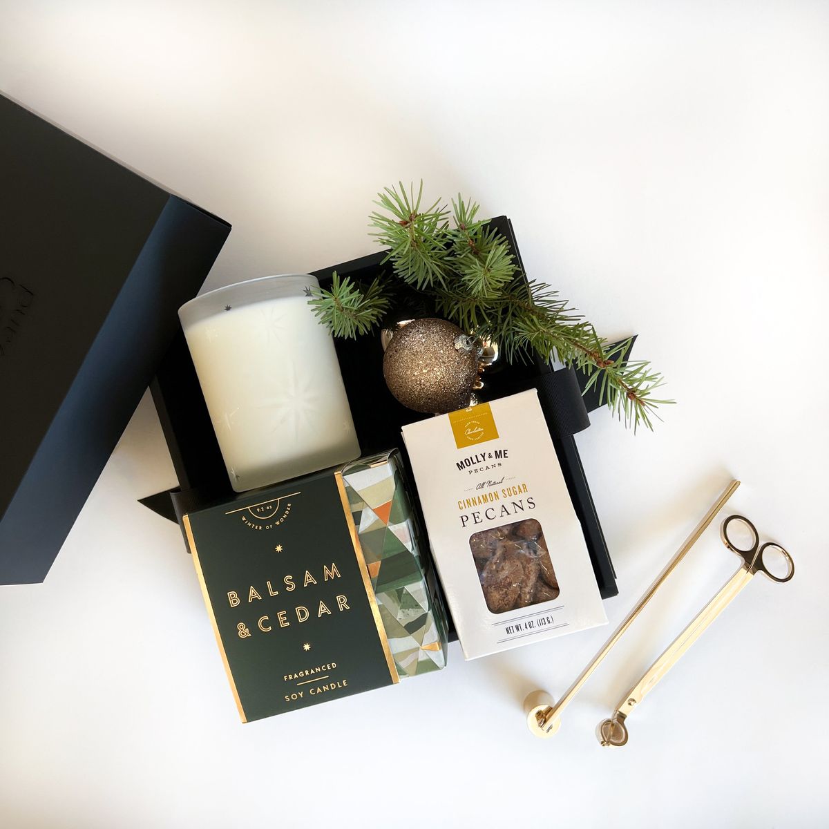 Luxury Holiday Gift Box with Balsam & Cedar Candle, Cinnamon Pecans & Ornament